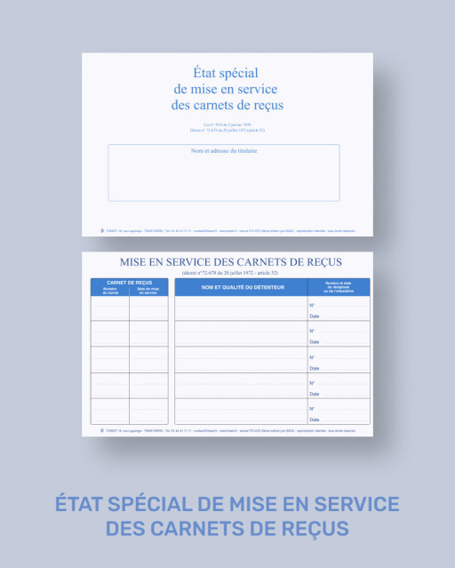 État spécial de mise en service des carnets de reçus