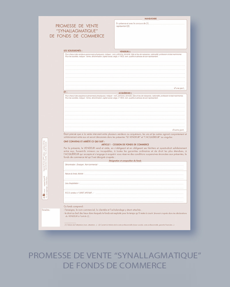 PROMESSE DE VENTE DE FONDS DE COMMERCE - Lot de 25