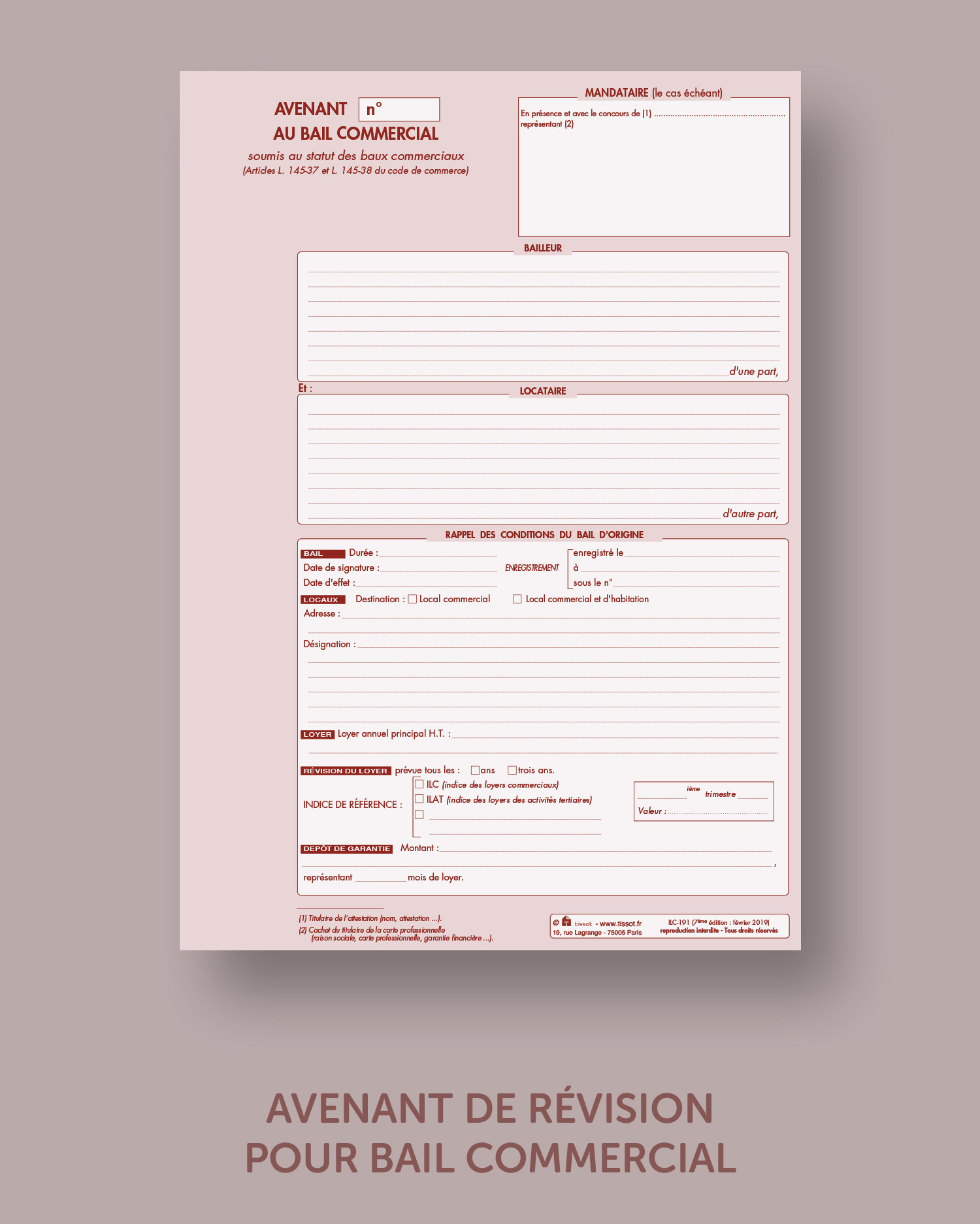 Avenant de révision pour bail commercial - lot de 25